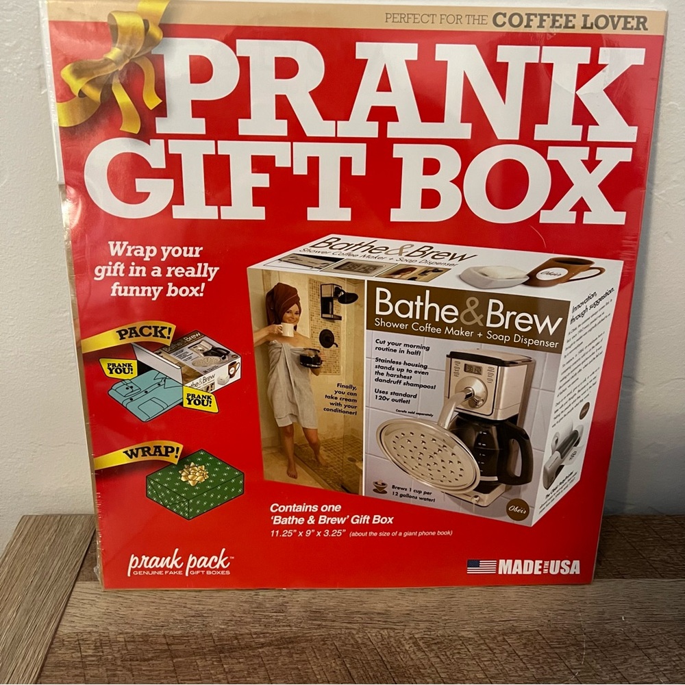NEW Bathe & Brew Prank Fake Funny COFFEE MAKER SHOWER PARODY Joke Gift Box
